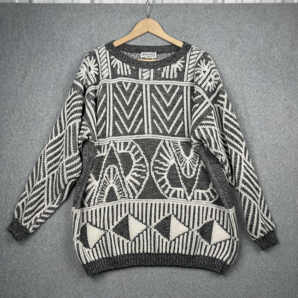 Jane Adams Sweater Womens‎ OS Gray Geometric Tribal Vintage Chunky 80s Knit USA